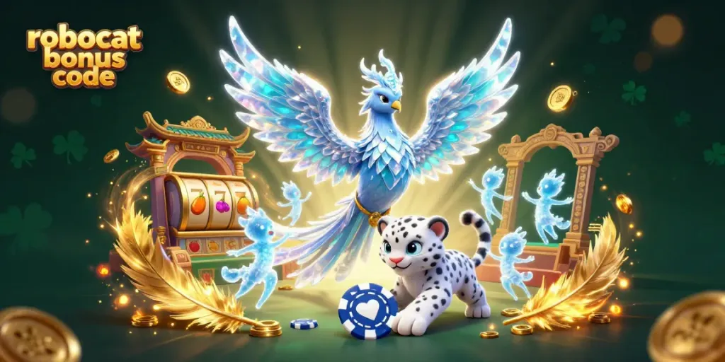 Activate your winning strategies with the robocat bonus code in this vibrant casino-themed illustration.