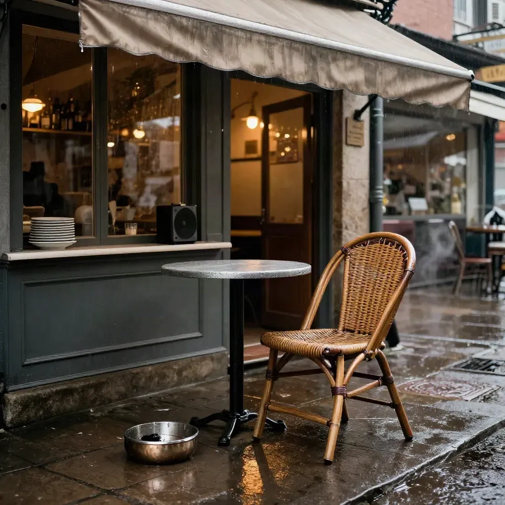 Terraza de café vacía tras la lluvia con cenicero, silla plegada, platos y altavoz.