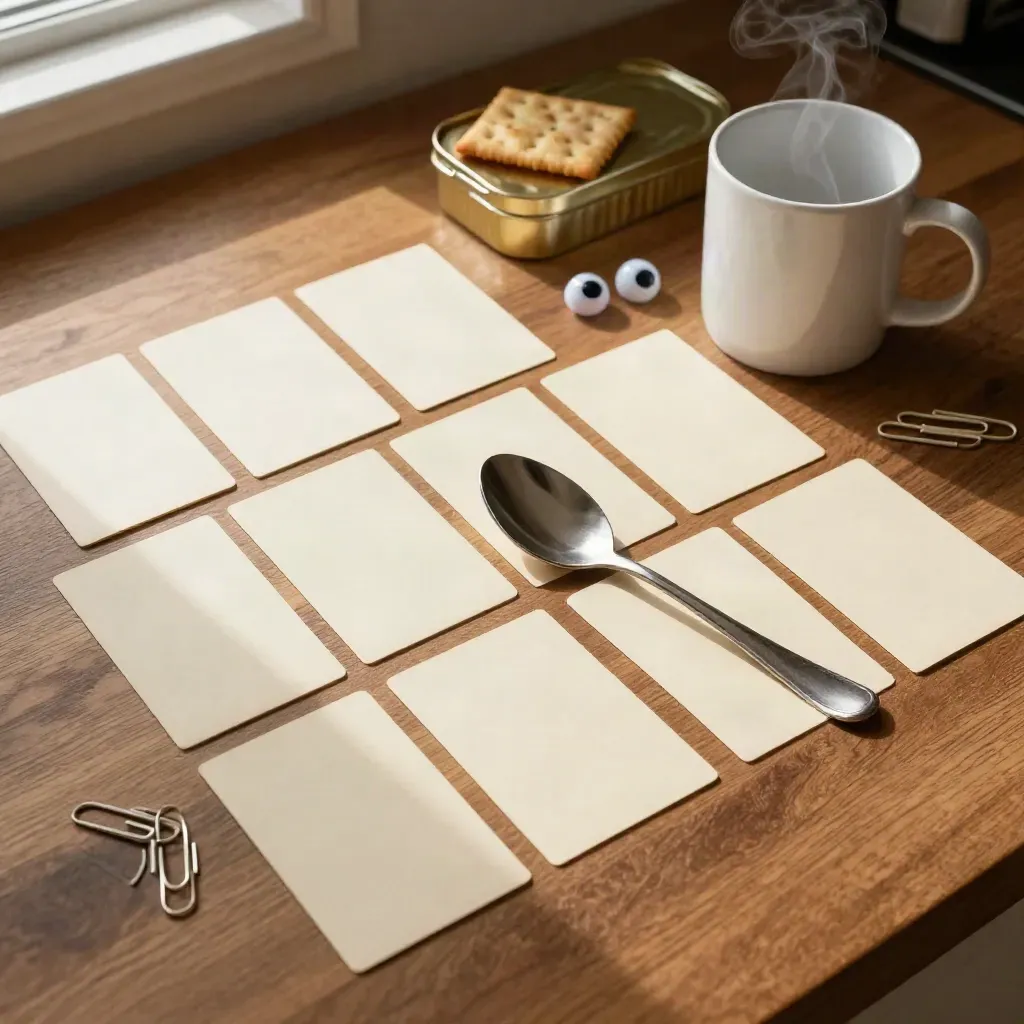 Vista cenital de diez tarjetas crema sobre encimera de madera, con taza, cuchara, lata y ojos de juguete.