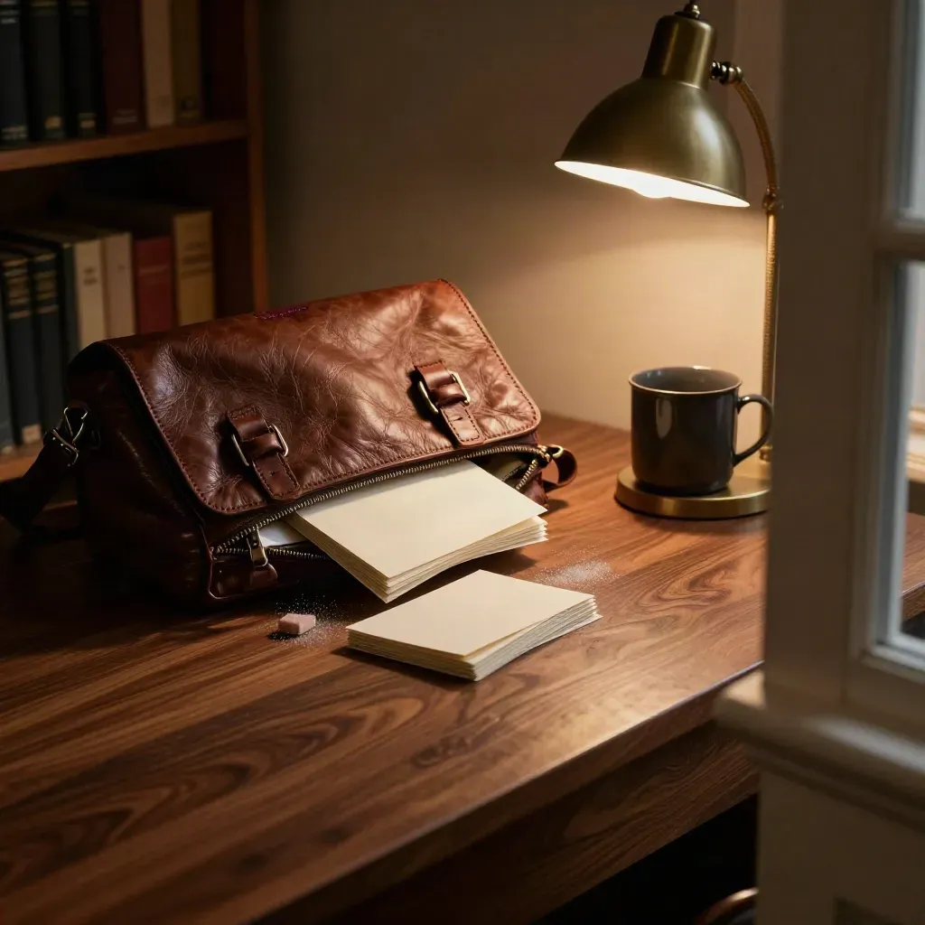 Escritorio nocturno con satchel medio abierto, tarjetas sujetas, polvo de goma y marca de taza.