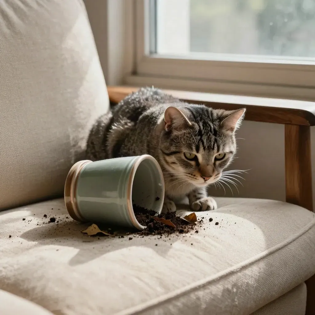 Gato atigrado congelado tras volcar una maceta sobre un sofá, con tierra y luz de tarde.
