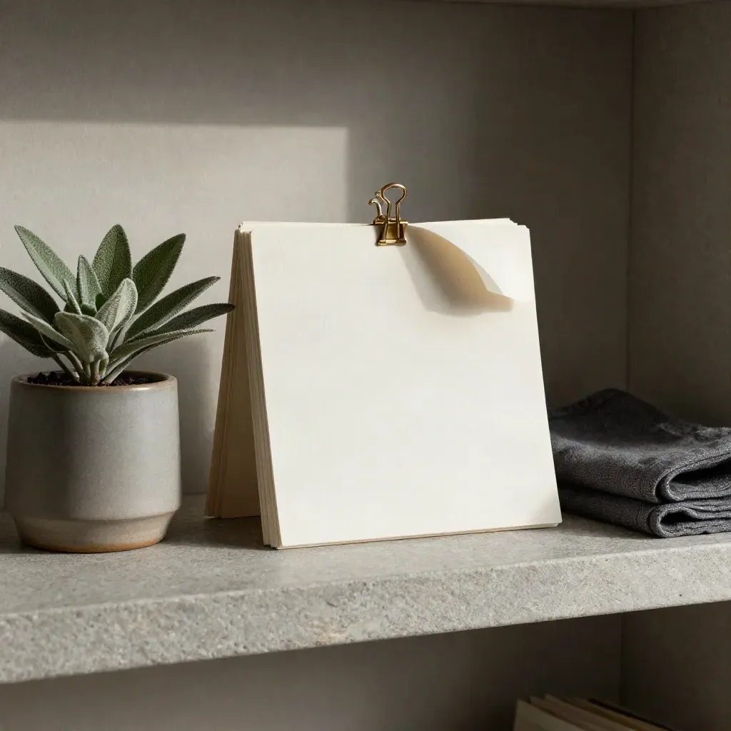 Tarjetas blancas con pinza, planta pequeña y paño carbón sobre repisa de piedra.